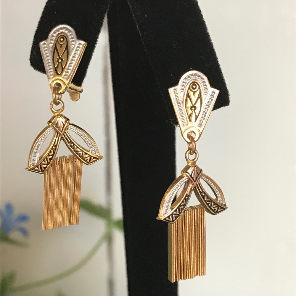 Vintage Gold and White Art Deco Chandelier Clip On Vermeil Earrings